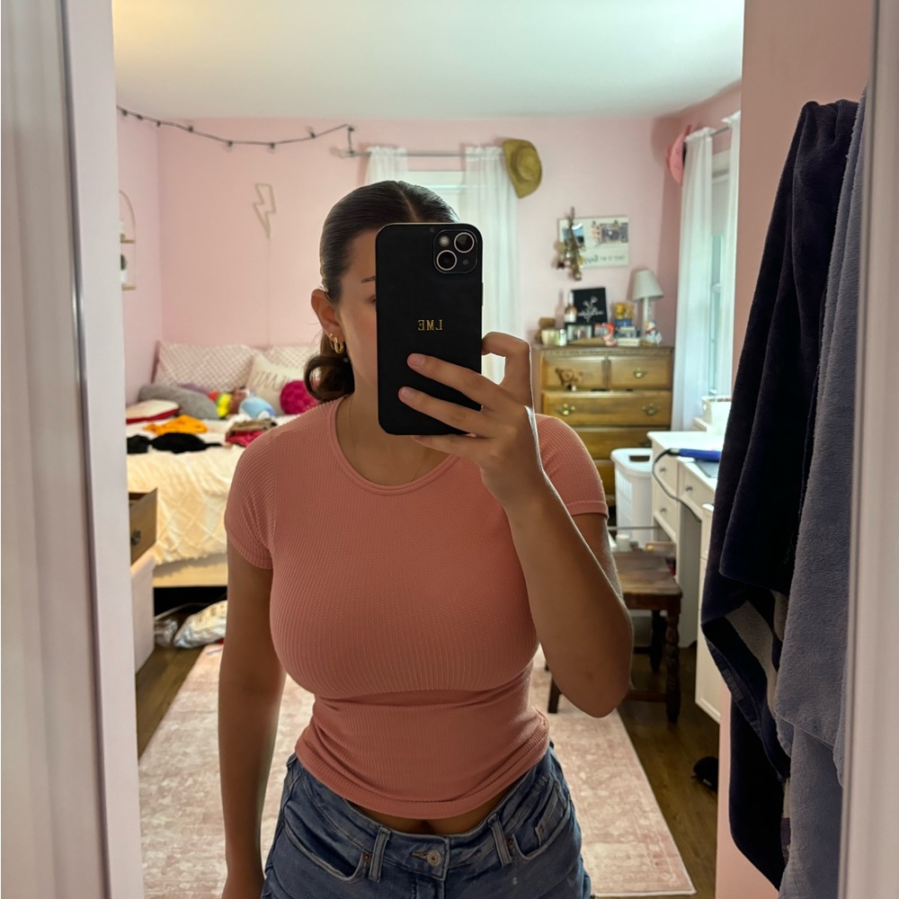 Free People Coral Ribbed Tee